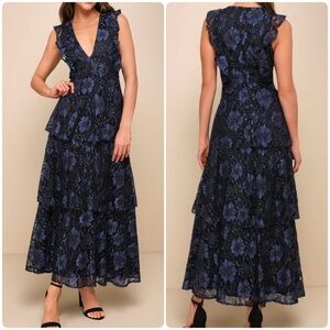 Lulu's Navy Floral Lace Maxi Dress